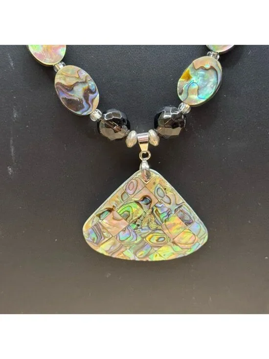 Vintage Mosaic Abalone Shell Bead Necklace Statement Pendant 18KGP Toggle Clasp - Picture 6 of 10